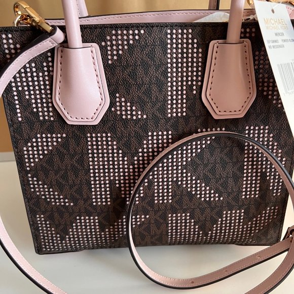 MICHAEL KORS Mercer Medium Pebbled Leather Crossbody Bag Brown/Pink Perforated - Picture 9 of 16